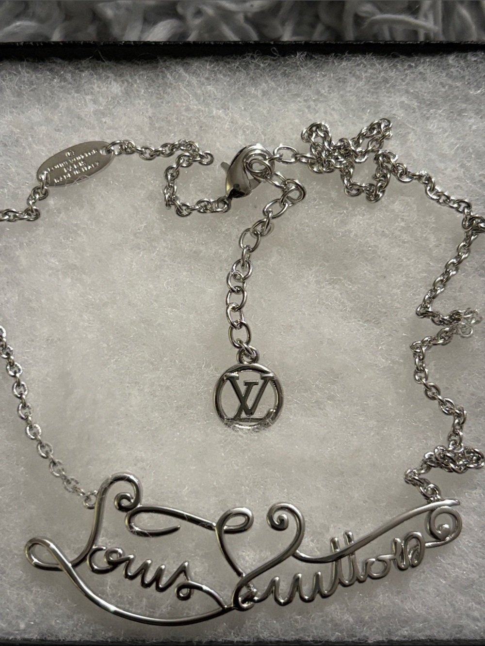 Louis Vuitton Silver Script Logo Necklace in Silver